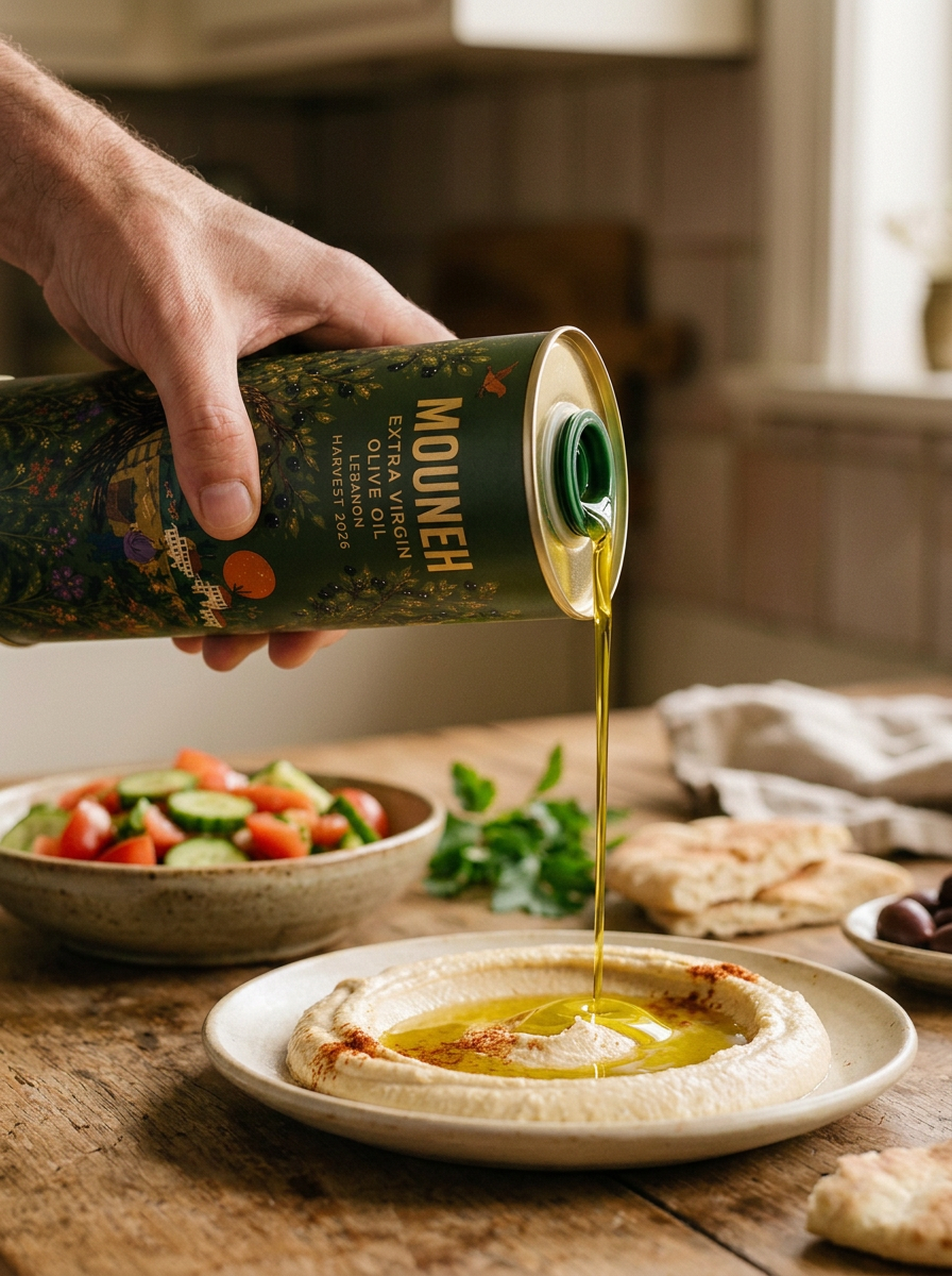 A hand tilting the MOUNEH tin and pouring a stream of green-gold extra virgin olive oil into a plate of hummus, beside tomato salad, olives and warm bread on a wooden table